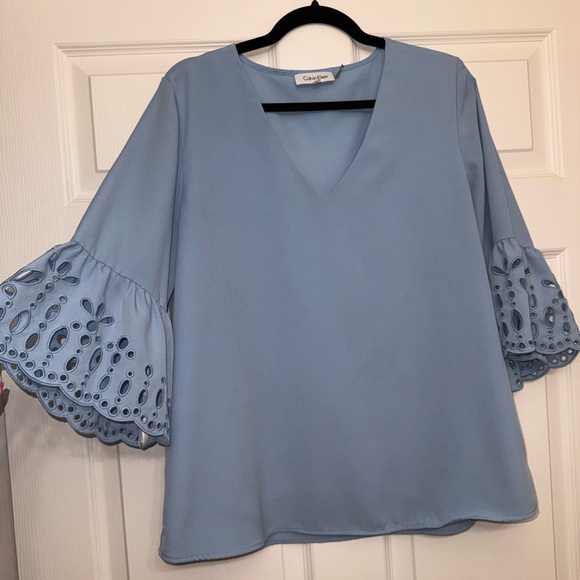 Like New Calvin Klein Blue V neck  blouse with detailed bell sleeves - Picture 2 of 5